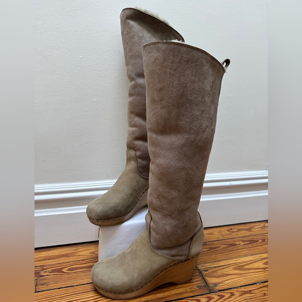 No. 6 pull-on shearling clog boot on high wedge